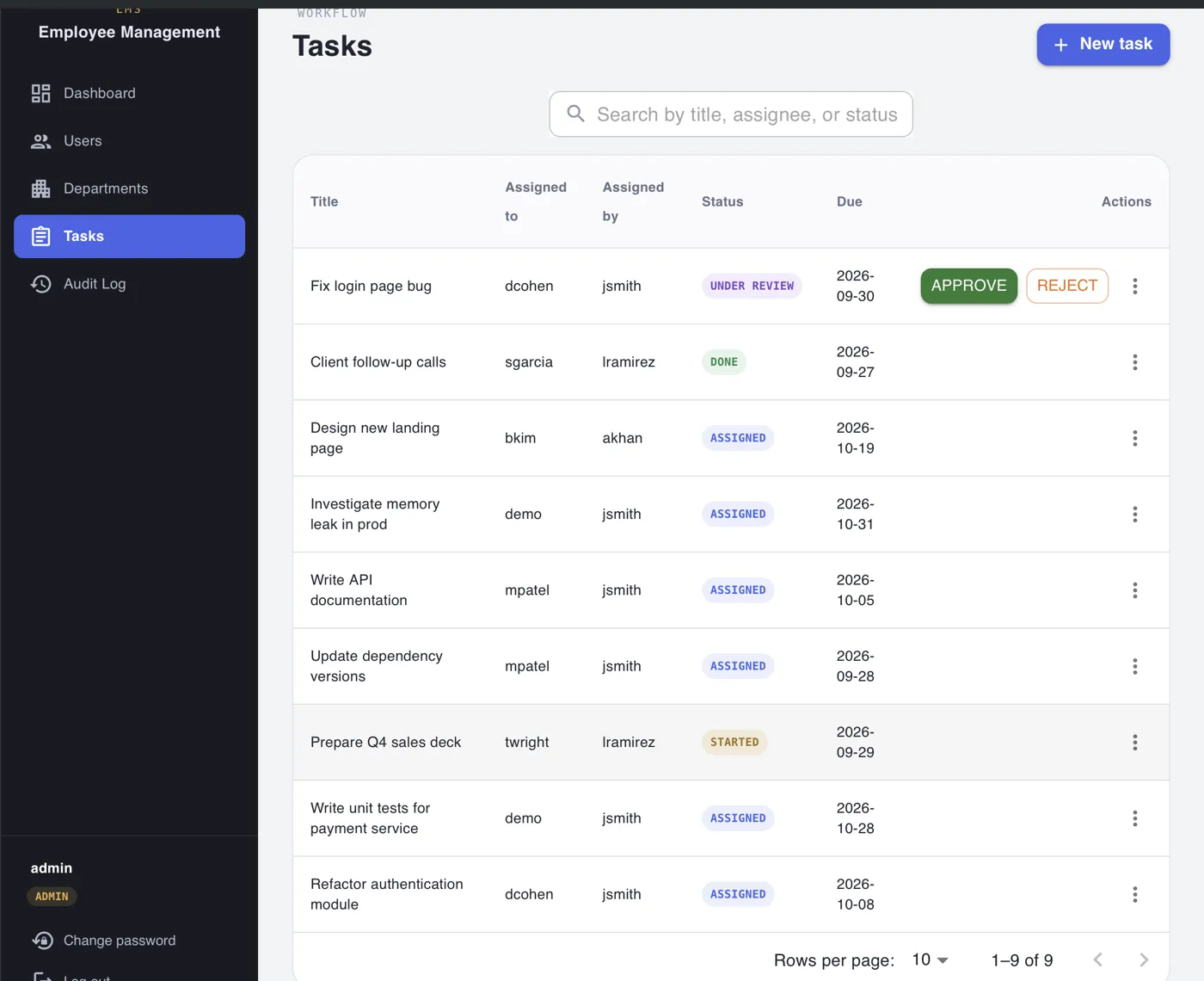EMS tasks page with status badges and approve/reject actions