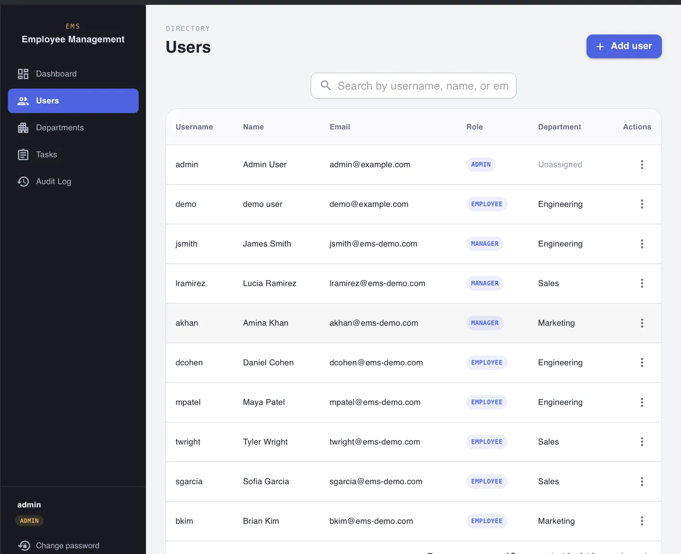 Users directory with roles and departments